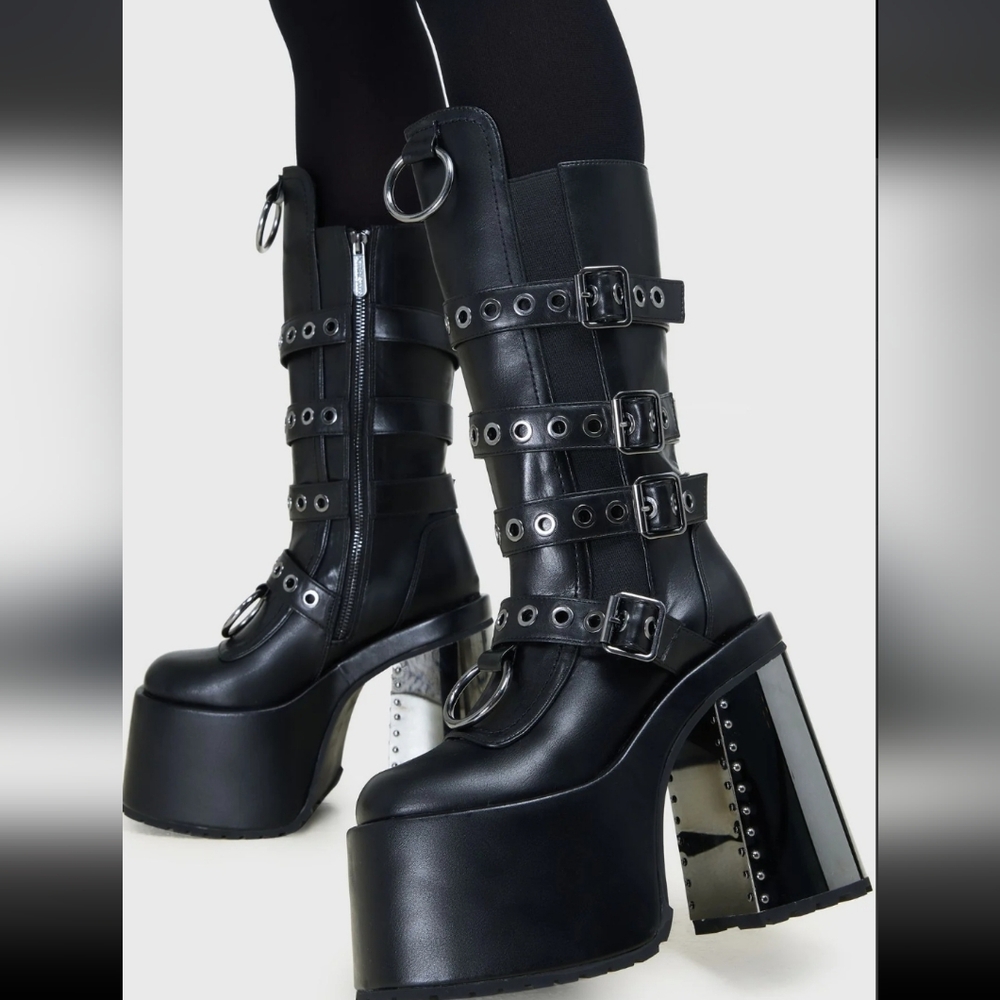Killstar Black Platform Boots with Silver Buckles